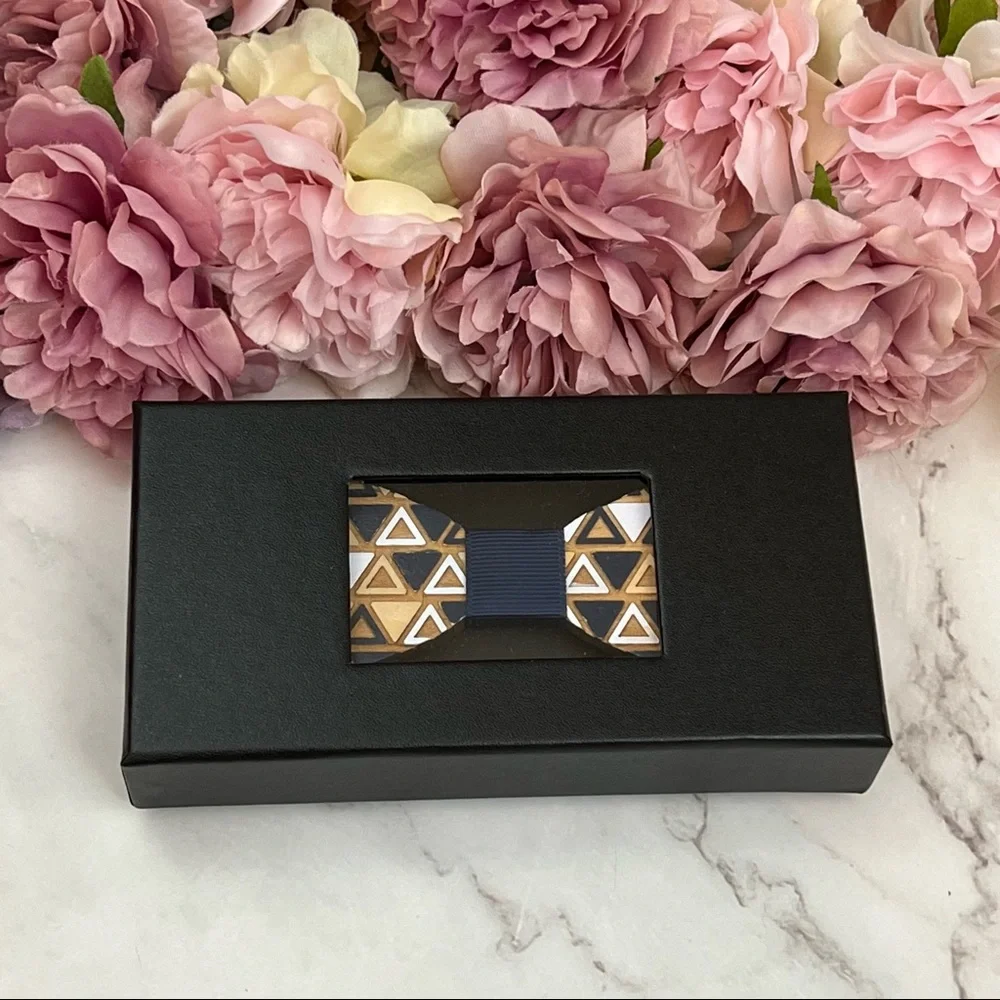 Hand Crafted Blue and White Geometric Wood Butterfly Bow Tie - Picture 13 of 16